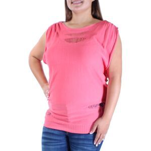 UM GEE Womens Pink Frayed Cap Sleeve Jewel Neck Top Size: L
